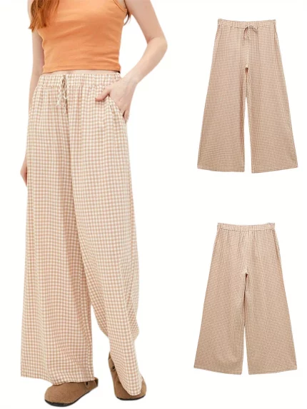 Elegant Wide Leg Palazzo Pants for Women with Drawstring, 100% Polyester Knit Fabric