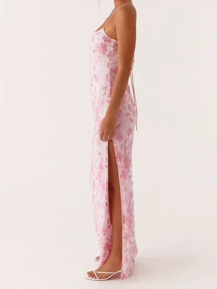 Women's Elegant Beaded Floral Cami Dress - Long Sleeveless A-Line Pencil Skirt with High Slit