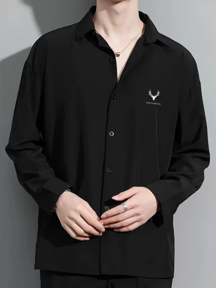 Lucky Deer Print Men's Lightweight Long Sleeve Button-Up