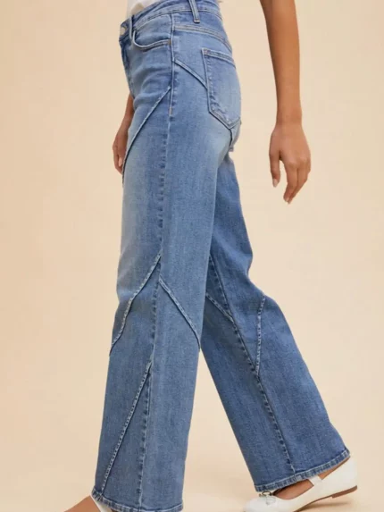 Womens Casual Denim Chic Diagonal Seam Design Wide Leg Jeans Light Blue High Waisted Retro Style