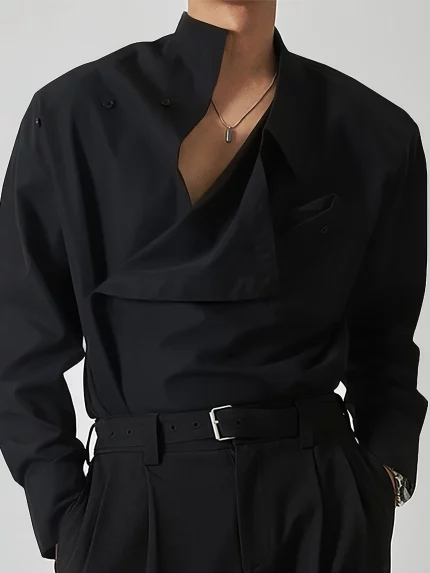 1pc Men'S Casual Polyester Shirting - All-Season Solid Color Long Sleeve Shirt