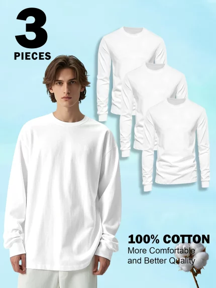 3 Men'S Round Neck Cotton White Long Sleeves