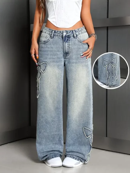 Women's Hand-Embroidered Bow-Tie Wide-Leg Denim Jeans