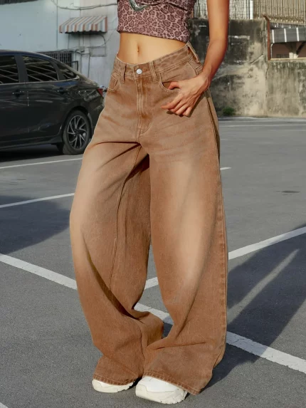 Women'S Vintage Brown Jeans - Slim Fit Straight Leg Mid Waist Casual