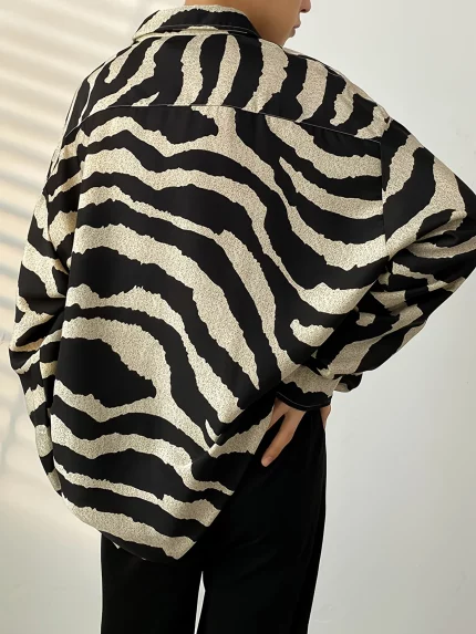 Men's Casual Zebra Print Long-Sleeve Shirt - Korean Fashion Loose