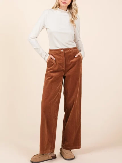 Women's Casual Pants Basic Corduroy Wide-Leg Elastic Waist Pants