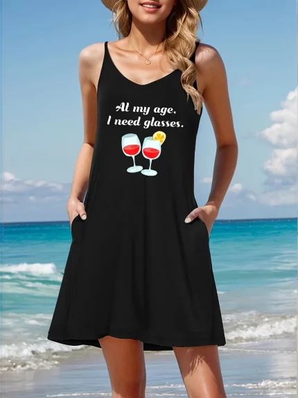 At My Age I Need Glasses Alcohol Womens Casual Suspender Dress Fashion U neck