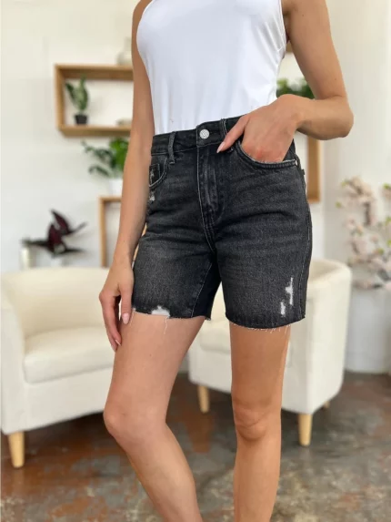 Womens Casual Denim Shorts Fashion High-Waist Distressed Raw Hem Rigid Magic
