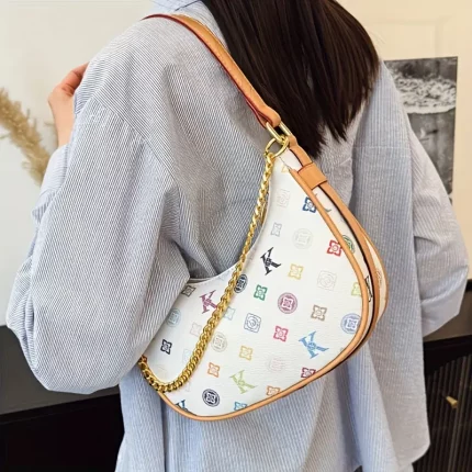 Vintage Print Moon Bag with Edge Painted Dumpling Design