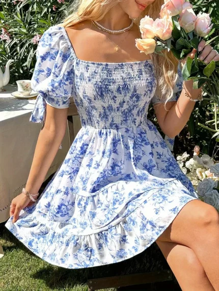 SCACTO Women'S Floral Print Square Neck Puff Sleeve Ruffled A-Line Skirt