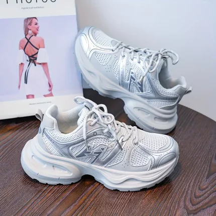 Women's White & Pink Low-Top Breathable Mesh Sneakers