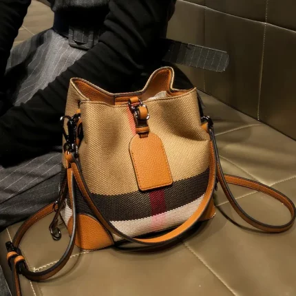 Women's Vintage Striped Split Leather Bucket Bag with Detachable Strap