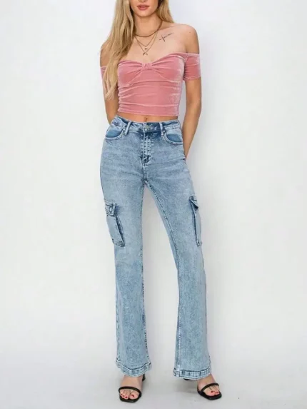 Women's High Waisted Bootcut Cargo Jeans - Medium Wash Denim